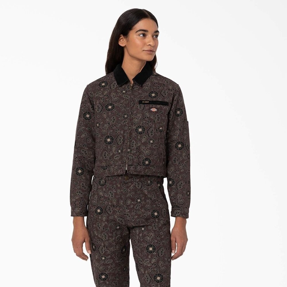 NWT DICKIES Ellis Floral Print Duck Brown Canvas Cropped Jacket Sz Small
